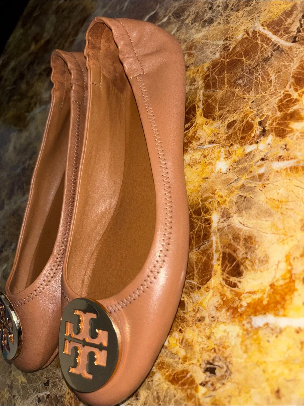 Tory Burch Cognac Leather Logo Medallion Ballet Flats, size 8